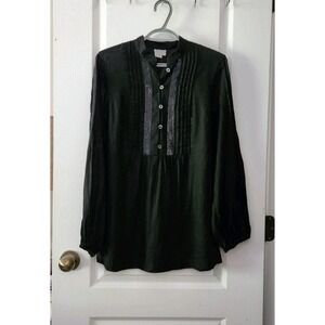 WORTH‎ Women's Linen Tunic Blouse Long Sleeve Sequin Black Button Size S